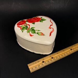 Vtg Teleflora Ceramic Heart Shaped Trinket Box w Lid Red Roses Flower Red Ribbon